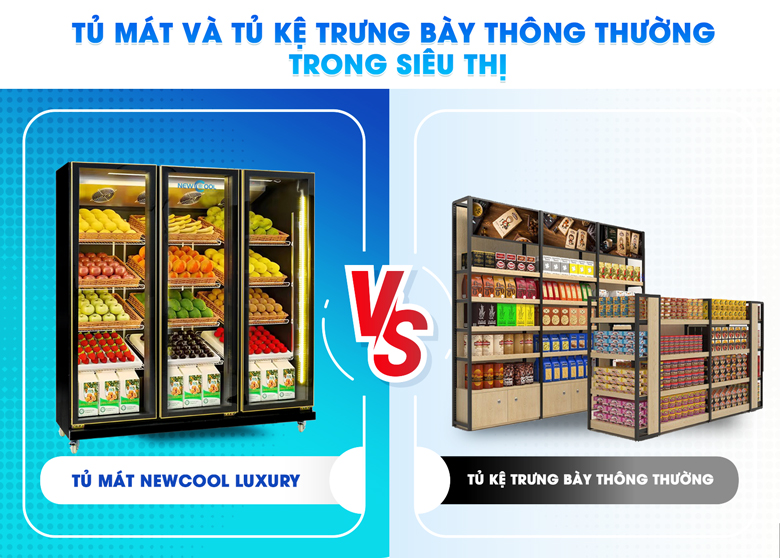 So sánh tủ mát và tủ kệ trưng bày thông thường trong siêu thị